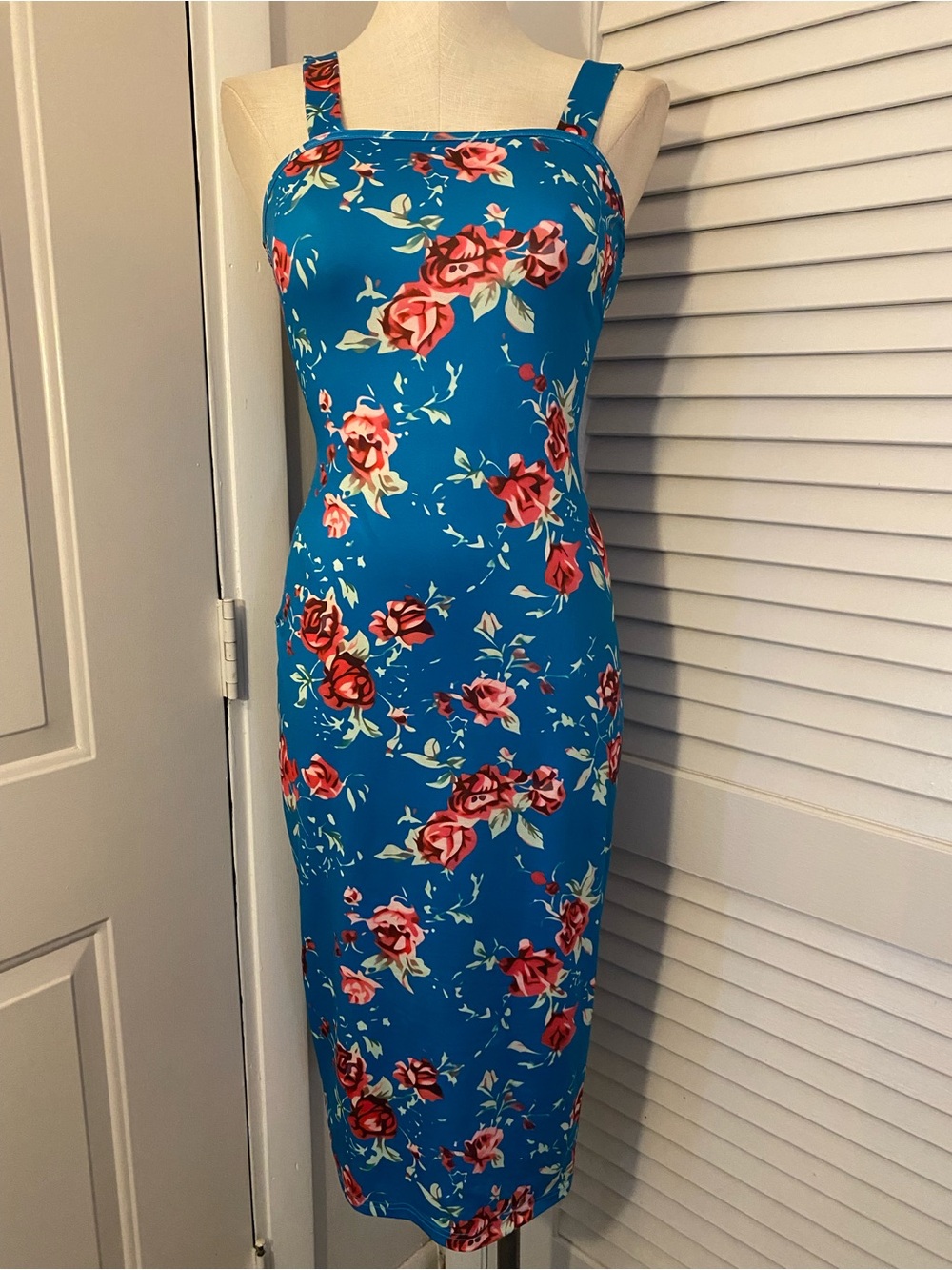 SHEIN Teal Blue Midi Dress with Rose Print- Size Large